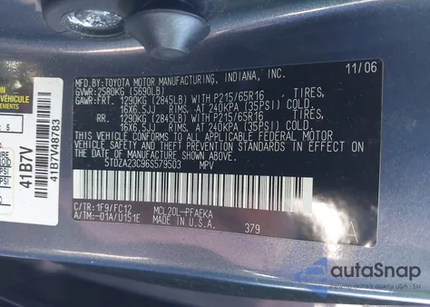 2006 Toyota Sienna Le z USA, uszkodzony, nr VIN 5TDZA23C96S579503